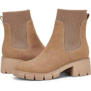 Women's Khaki Platform Ankle Boots Elastic Chunky Block Heel Chelsea Booties